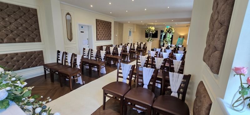 chair drapes and table decor at old farm hotel
