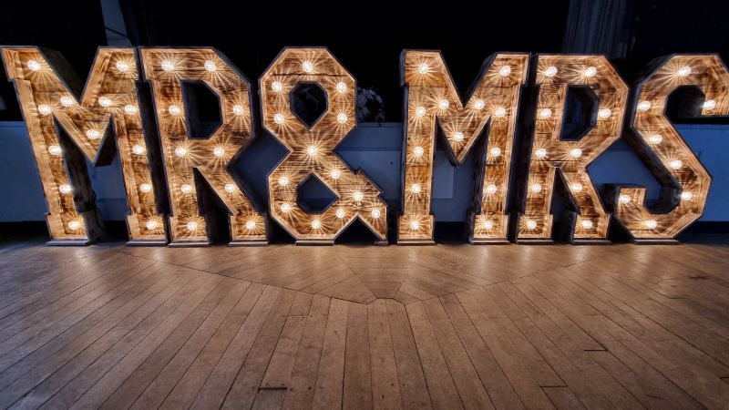 Illuminated rustic MR & MRS letters