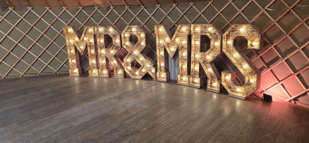 Led Mr and Mrs letters and Wedding Decor at Thorpe Garden